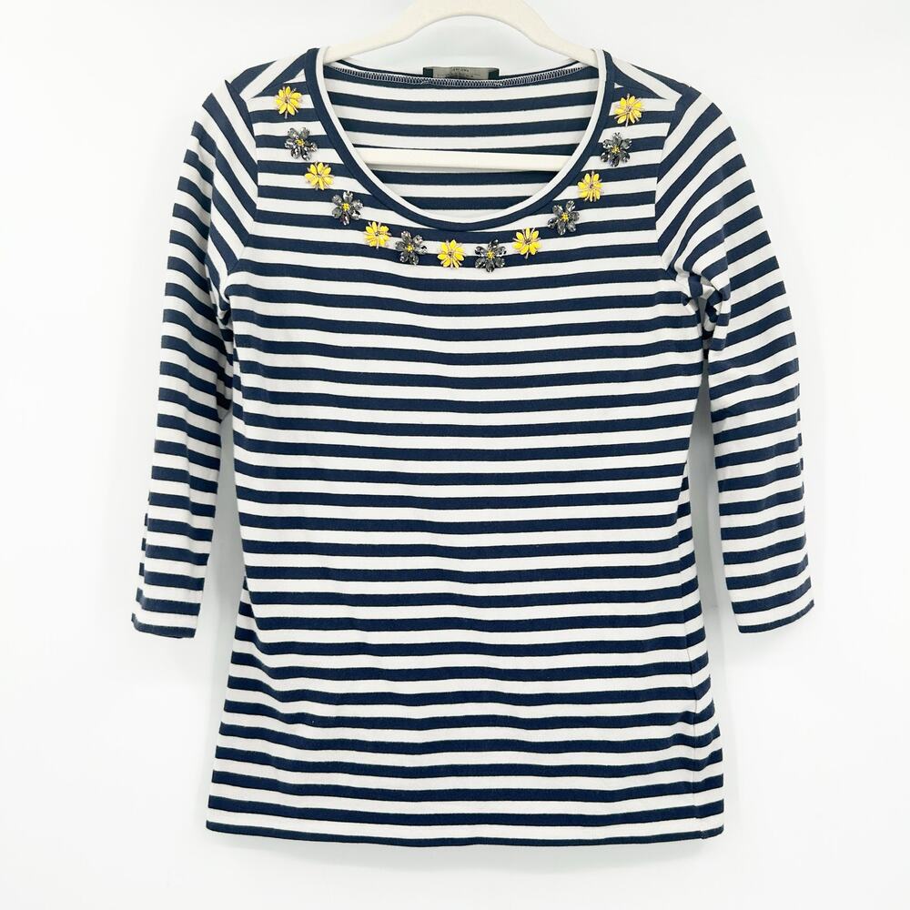 Weekend Max Mara Womens Boho Beaded Rhinestone Flower Striped 3/4 Sleeve Top S